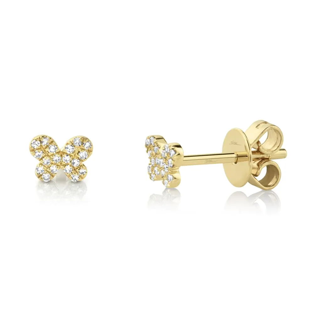 14k Gold 0.07Ct Diamond Pave Butterfly Earring, Available in White, Rose and Yellow Gold