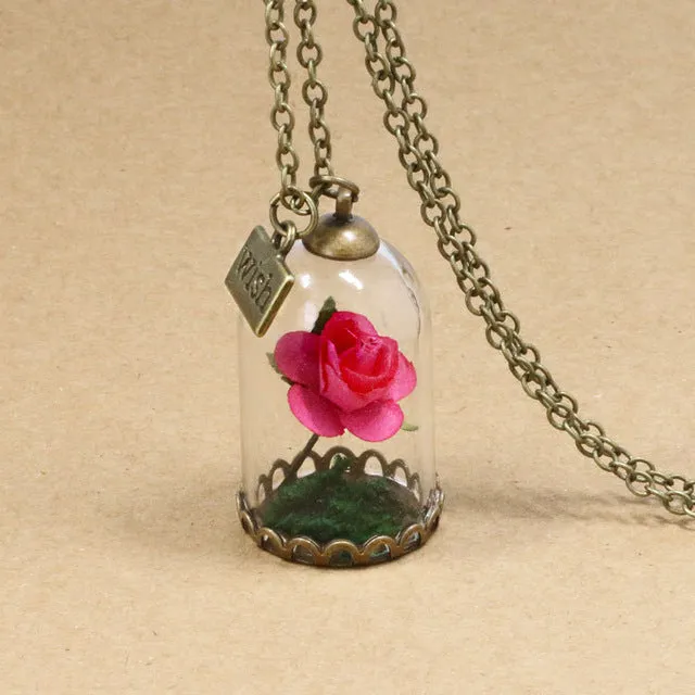 2017 Beauty Retro Glass Vial Necklace Butterfly whish Accessories Necklace Red Rose Dried Flower Jewelry for Women Girls