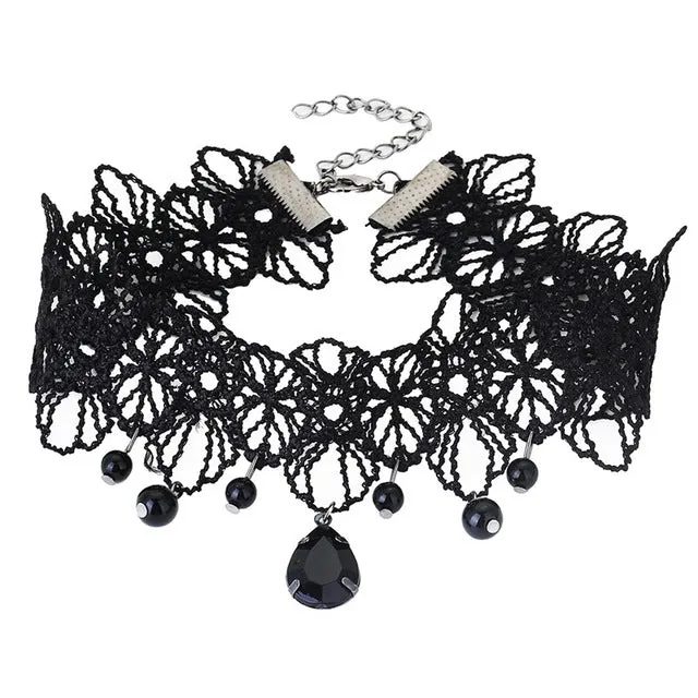 2017 Collares Sexy Gothic Chokers Crystal Black Lace Neck Choker Necklace Vintage Victorian Women Chocker Steampunk Jewelry