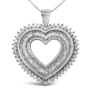 .925 Sterling Silver 1.0 Cttw Baguette and Round Diamond  Heart Pendant 18" Necklace (H-I Color, I3 Clarity)