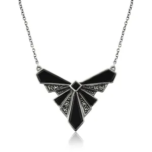 Art Deco Stil Schwarzer Onyx & Markasit Halskette in 925 Sterling Silber