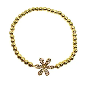 Beaded Bracelet With Pave Flower: Gold Plated (BG45FLWR)