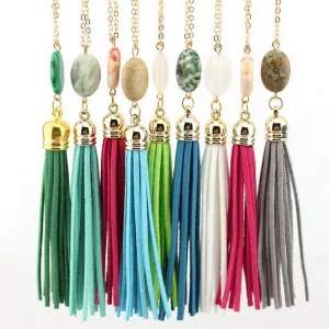 Boho Velvet Long Tassel Necklace 2016 Summer Style Leather Tassel Natural Stone Necklace for Women Sweater Chain Fashion Jewelry