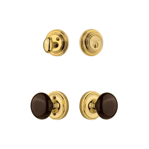 Classic Rosette Entry Set with Brown Porcelain Knob in Unlacquered Brass