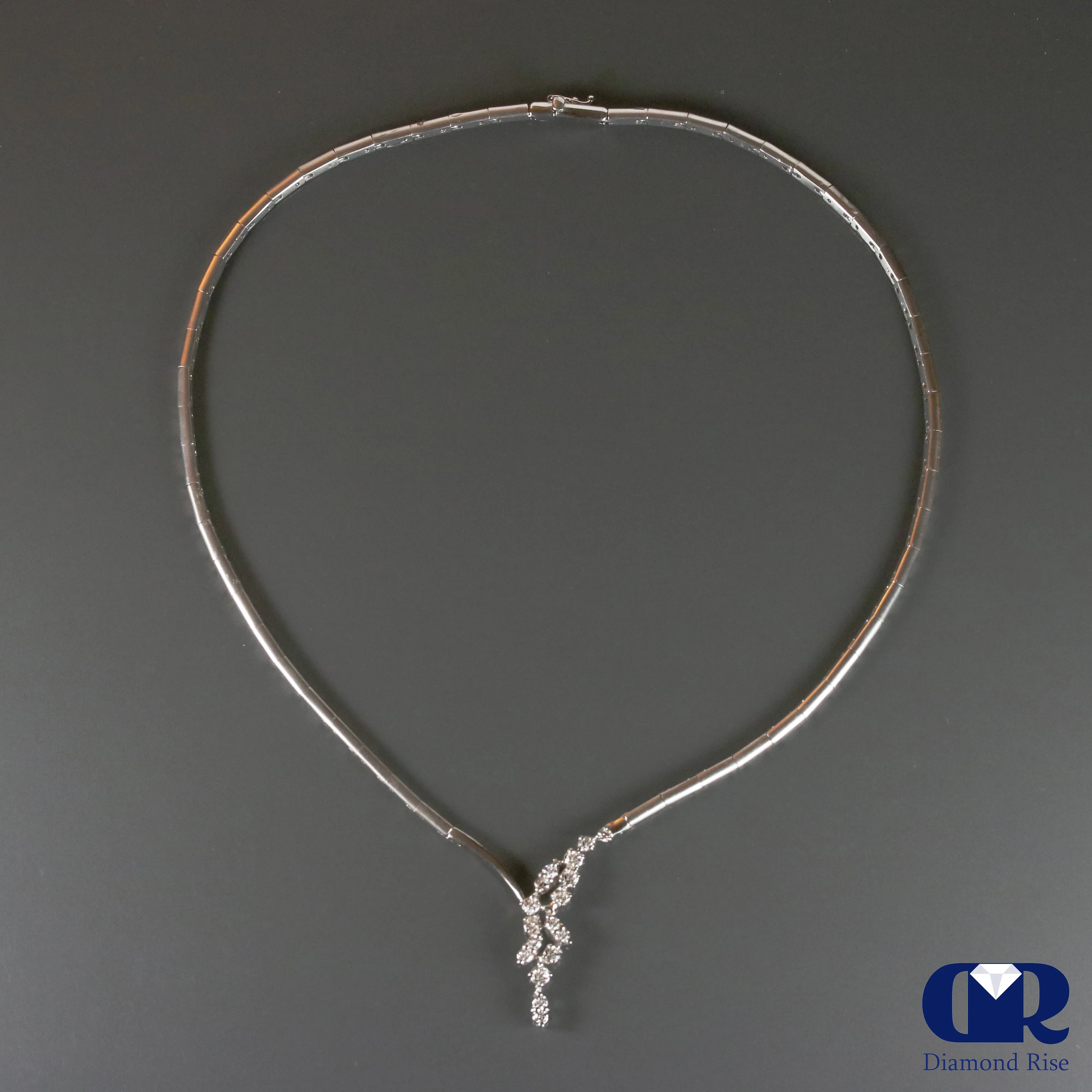 Diamond Necklace With Omega Chain In 14K White Gold