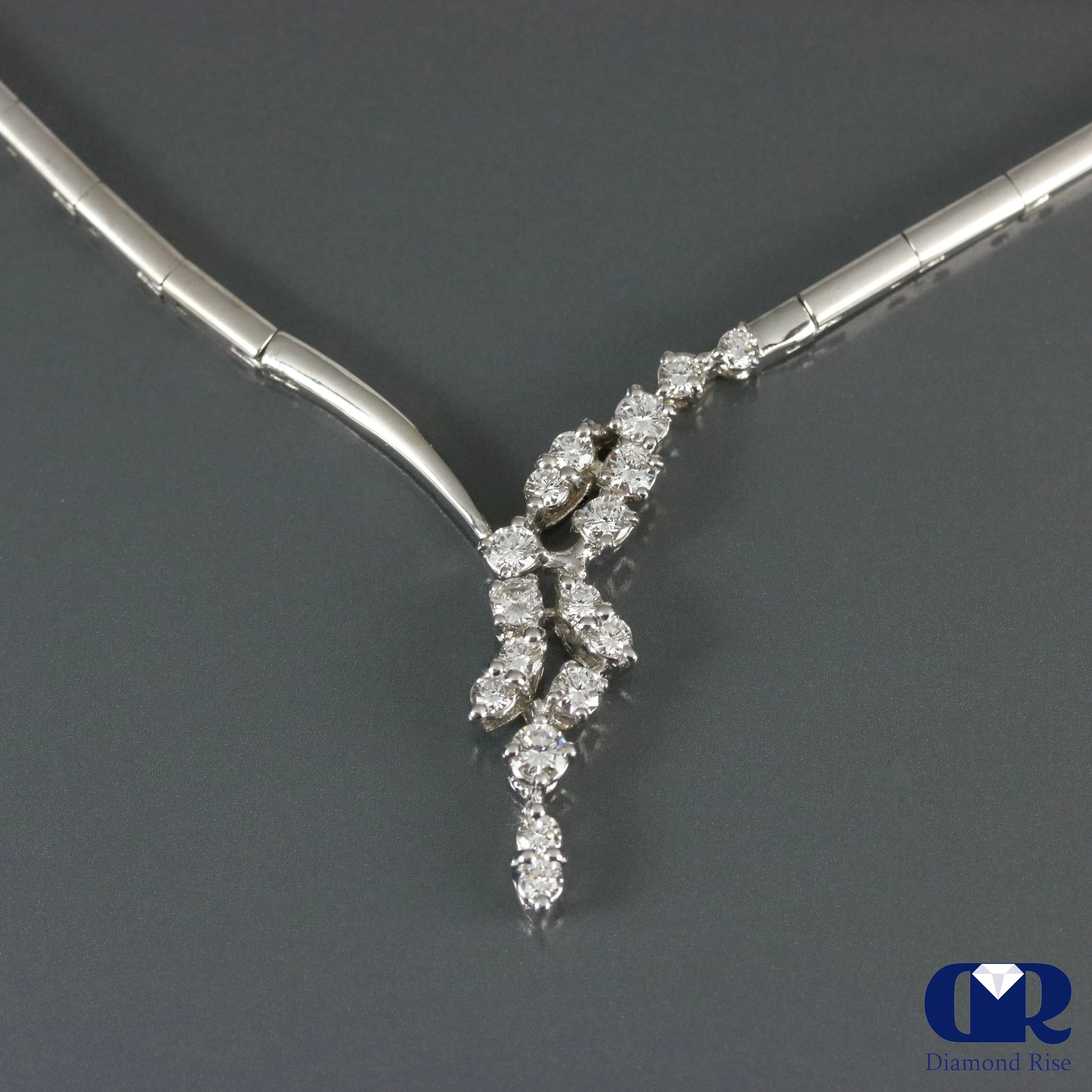 Diamond Necklace With Omega Chain In 14K White Gold