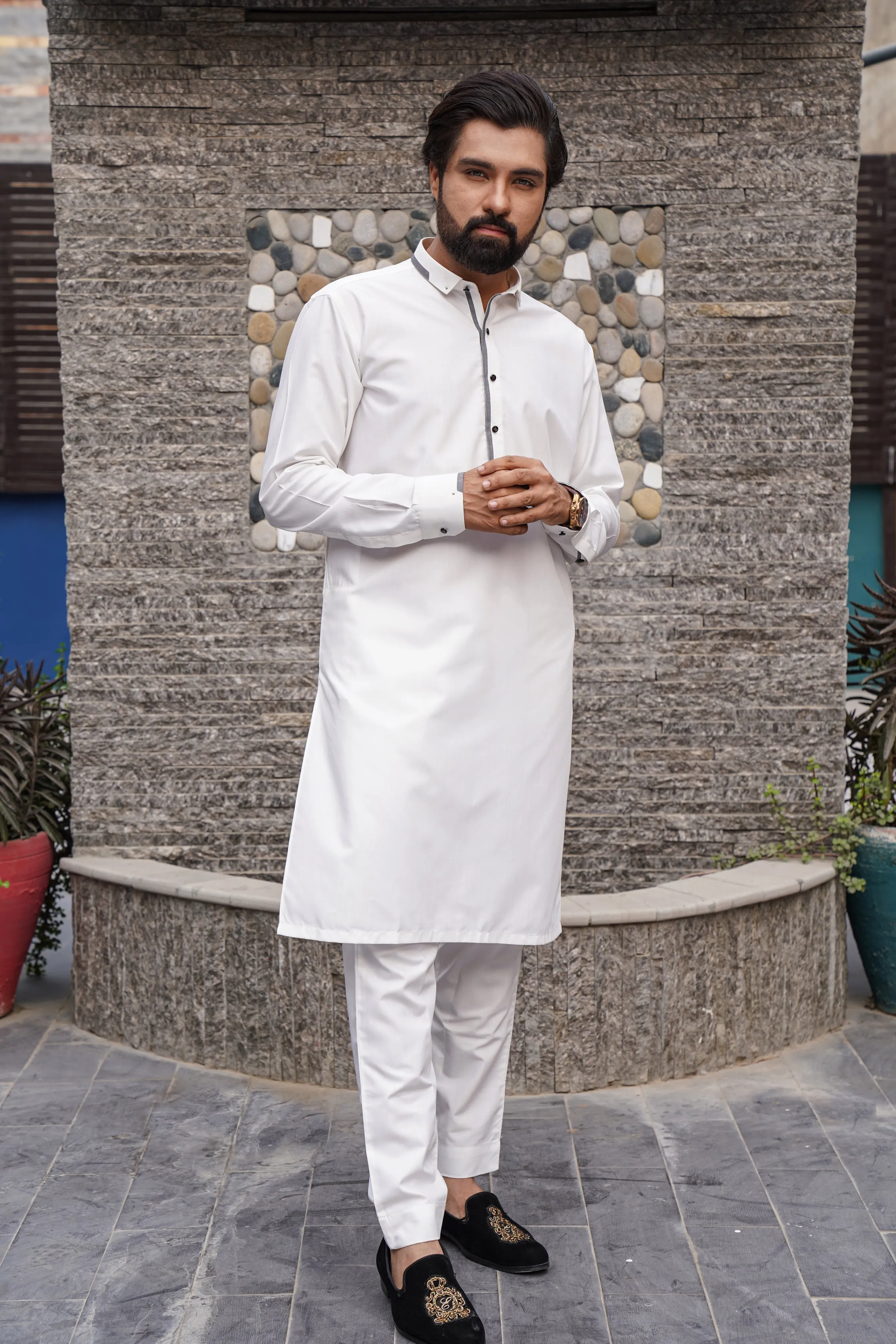 ER 583 White with Grey Contrast Shalwar Kameez