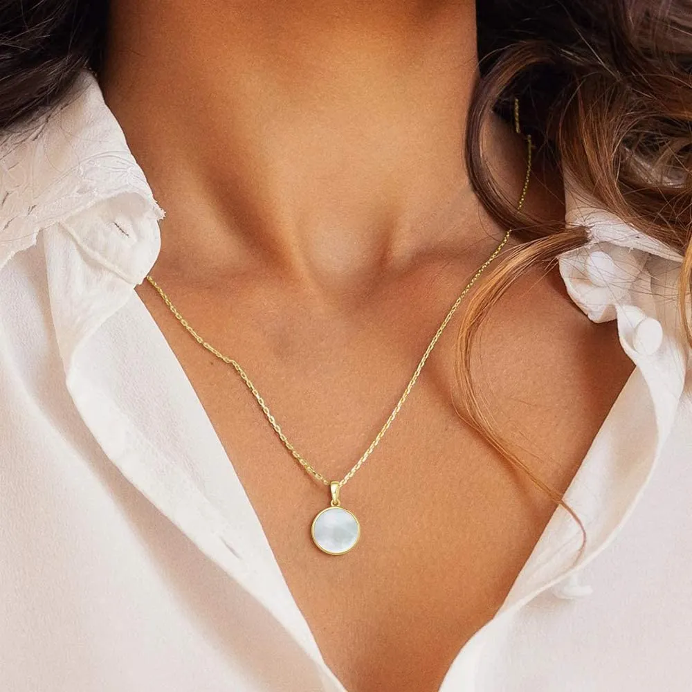 FANCIME Mother of Pearl Round Disc 14K Real Yellow Gold Necklace