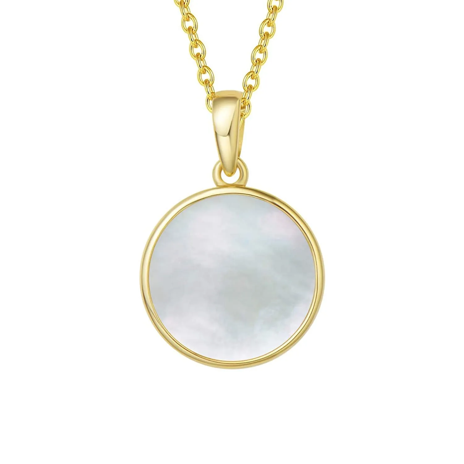 FANCIME Mother of Pearl Round Disc 14K Real Yellow Gold Necklace