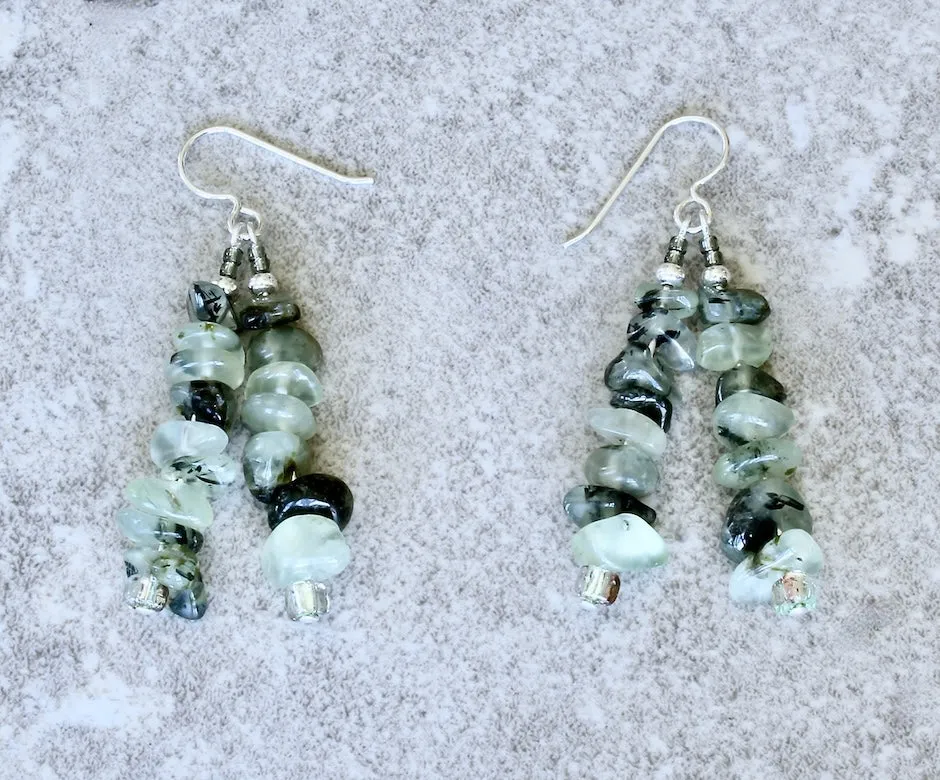 Fluorite Nugget 2-Dangle Earrings with Glass Rondelles, Seed Beads and Sterling Silver