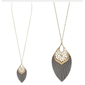 Gold Filigree Necklace with Leather Tassel - Brown