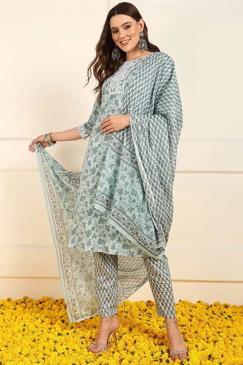 Green Pure Cotton Floral Embroidered Straight Suit Set