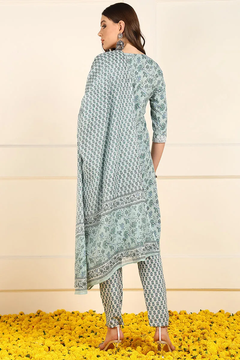 Green Pure Cotton Floral Embroidered Straight Suit Set