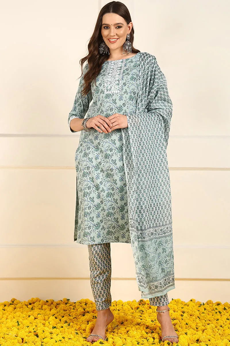 Green Pure Cotton Floral Embroidered Straight Suit Set