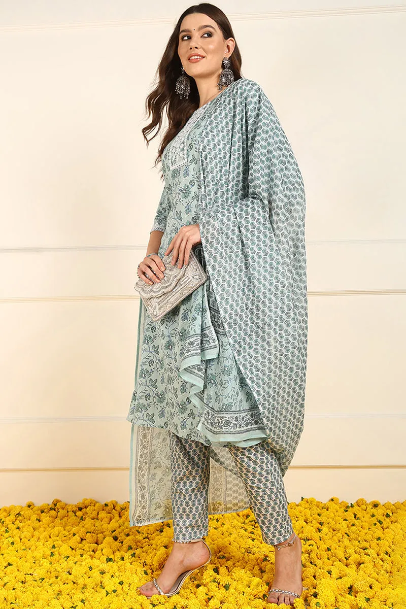 Green Pure Cotton Floral Embroidered Straight Suit Set