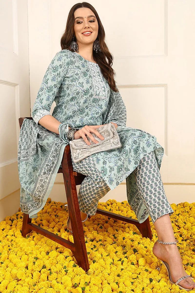 Green Pure Cotton Floral Embroidered Straight Suit Set