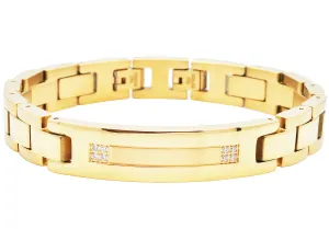 Mens Gold Plated Stainless Steel ID-Engravable Bracelet With Cubic Zirconia