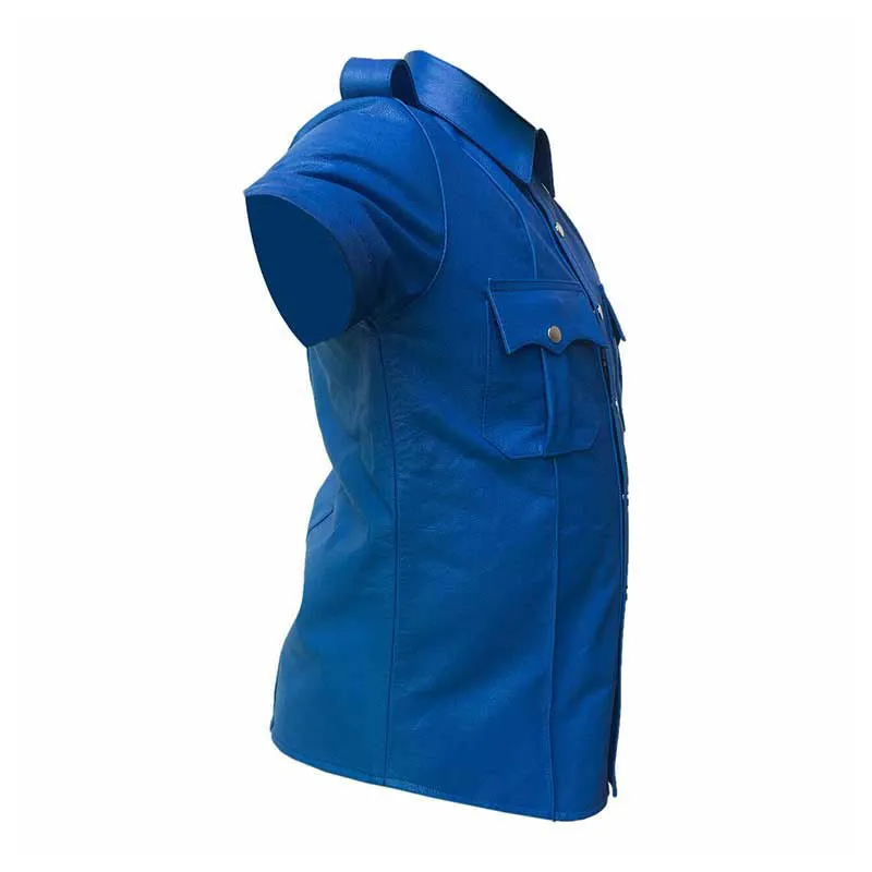 Mens Hot Genuine Blue Leather Police Uniform Style Shirt - (Pshs-Blu)