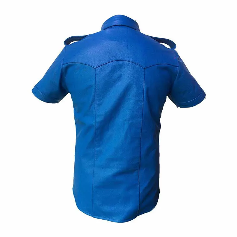 Mens Hot Genuine Blue Leather Police Uniform Style Shirt - (Pshs-Blu)