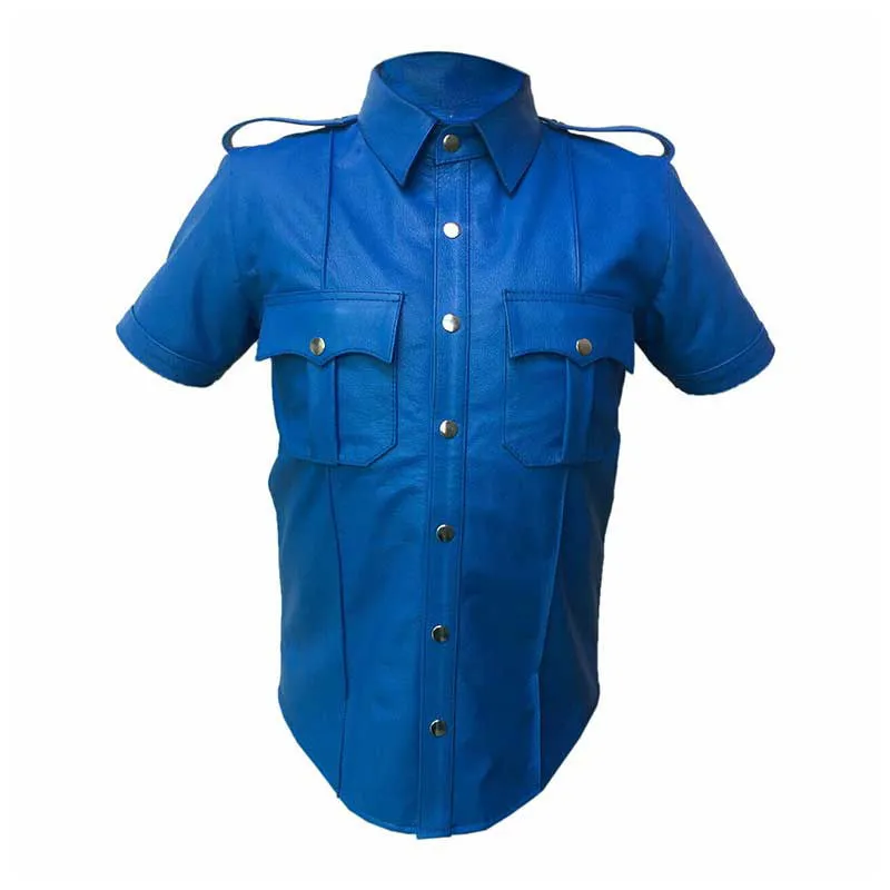 Mens Hot Genuine Blue Leather Police Uniform Style Shirt - (Pshs-Blu)