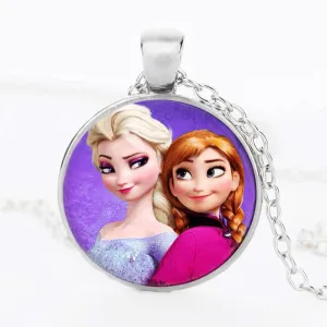 Newest Silver Necklace Elsa Anna Olaf cartoon Girl Jewelry Round Pendant choker Necklace Girls Collar Chain For Children Gift