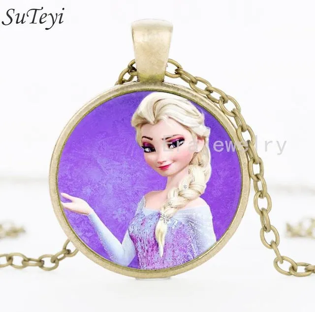 Newest Silver Necklace Elsa Anna Olaf cartoon Girl Jewelry Round Pendant choker Necklace Girls Collar Chain For Children Gift