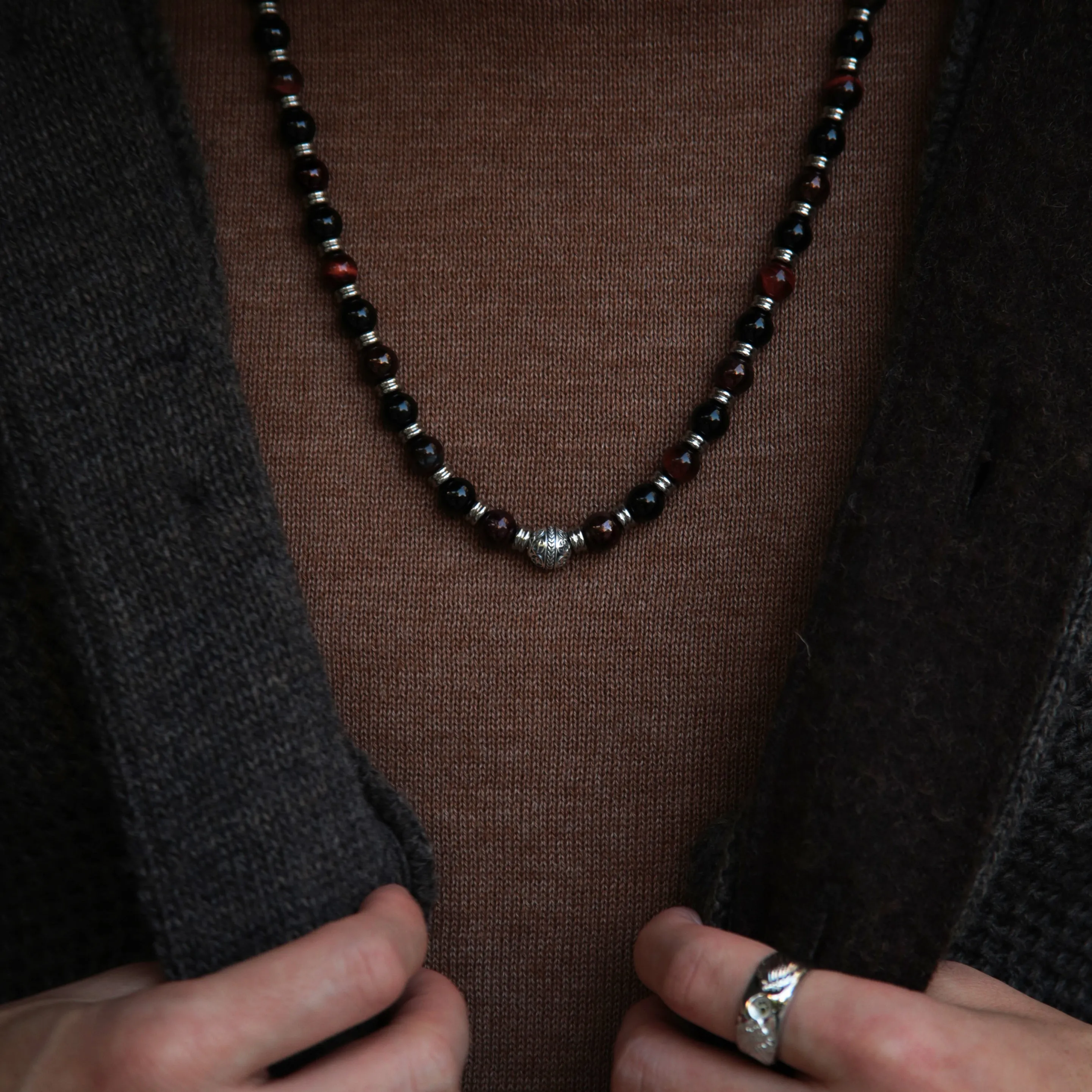 Obsidian, Red Tiger Eye, Garnet Mixed Crystals Necklace