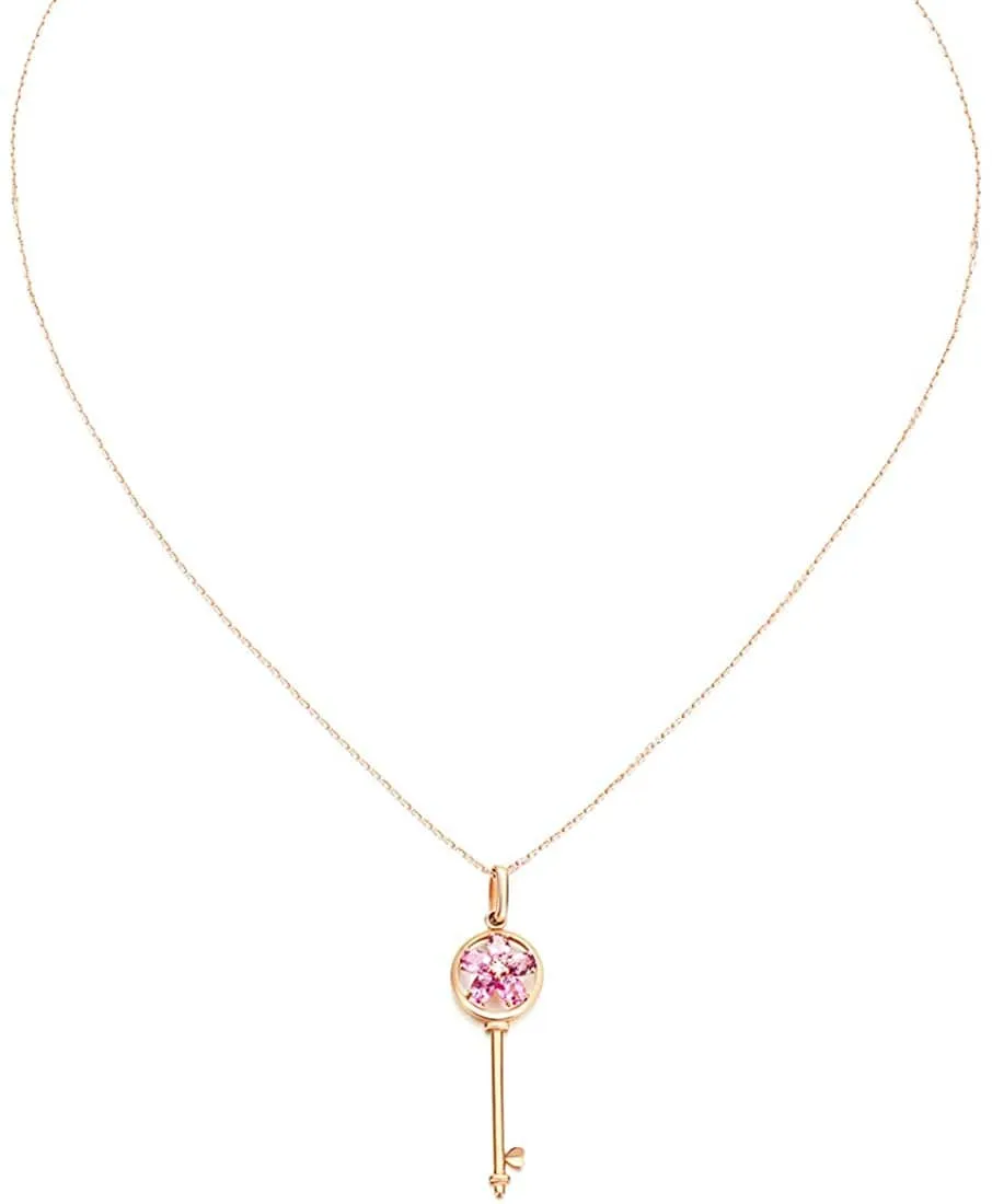 "Pink Daisy" 18K Rose Gold Oval Cut 0.86ct Natural Pink Tourmaline and 0.016cttw Diamond Flower Key Pendant Necklace for Women 18 Inches