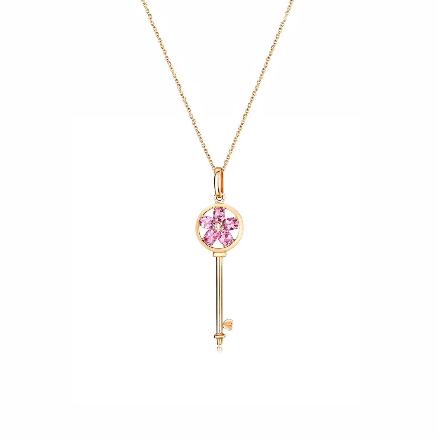 "Pink Daisy" 18K Rose Gold Oval Cut 0.86ct Natural Pink Tourmaline and 0.016cttw Diamond Flower Key Pendant Necklace for Women 18 Inches