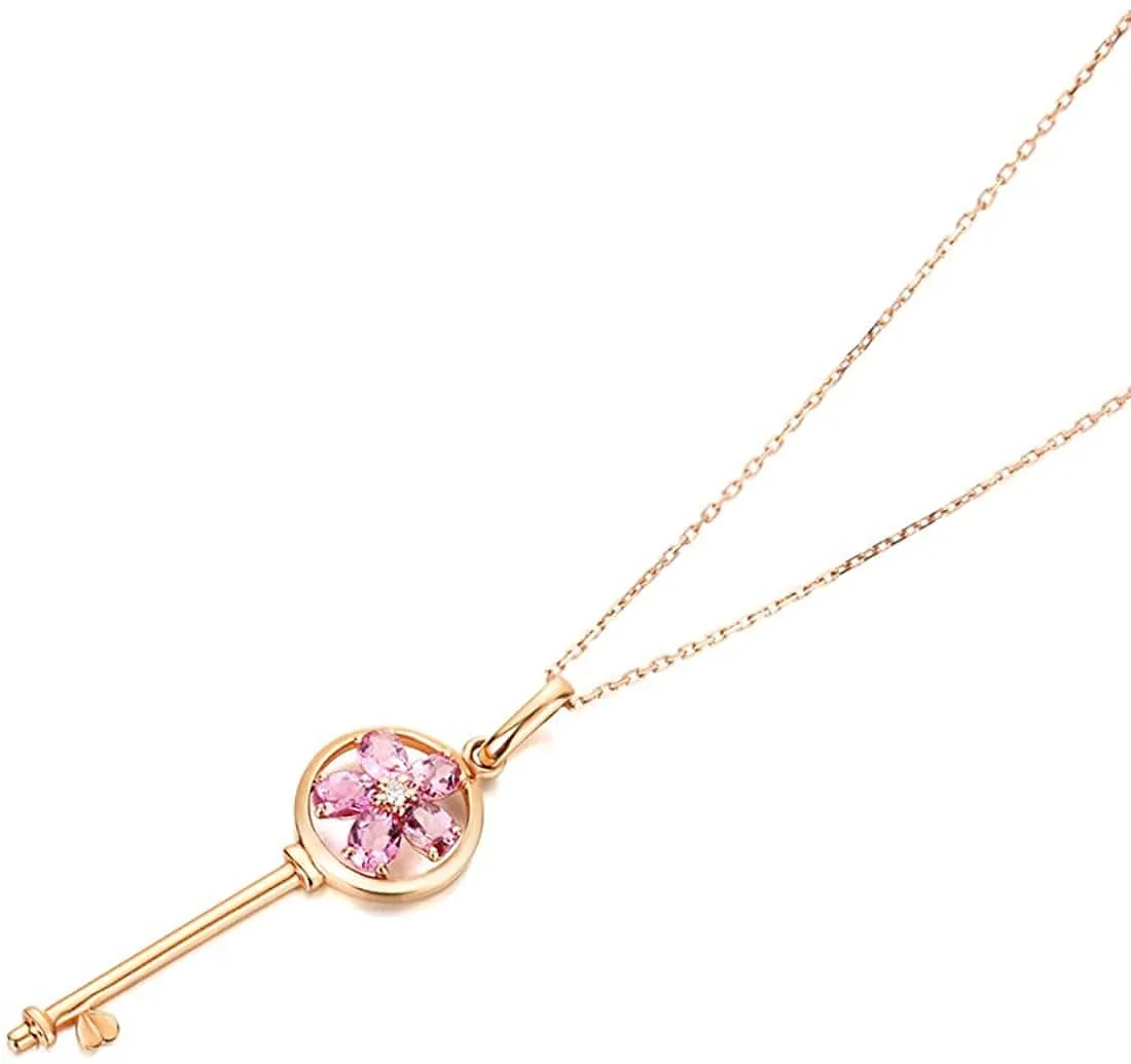 "Pink Daisy" 18K Rose Gold Oval Cut 0.86ct Natural Pink Tourmaline and 0.016cttw Diamond Flower Key Pendant Necklace for Women 18 Inches