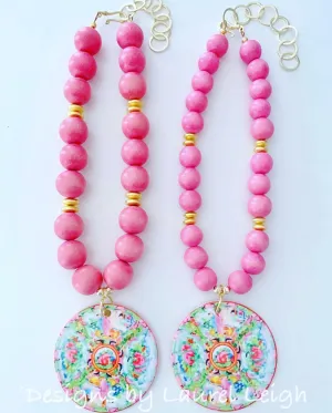 Rose Medallion Chinoiserie Pendant Necklace - Pink - 2 Options