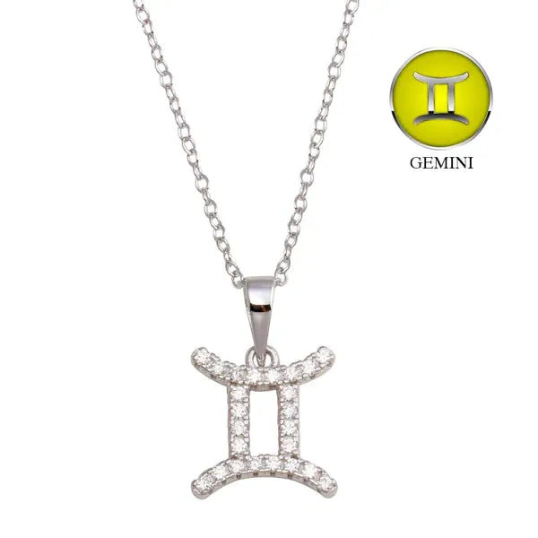 Silver 925 Rhodium Plated Gemini CZ Zodiac Sign Necklace