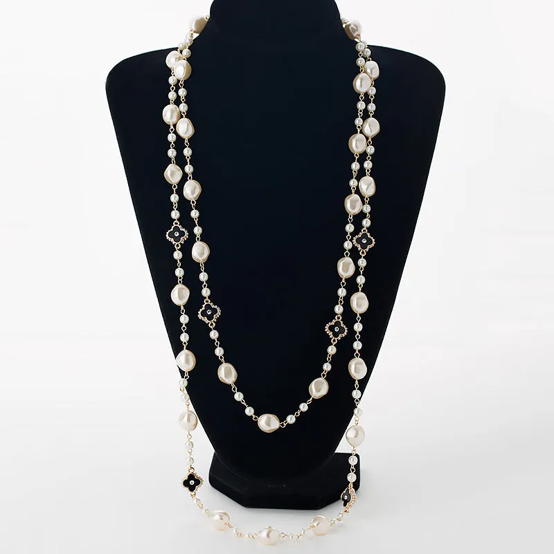 Simulated pearl long necklaces for women gold color chain rhinestone four leaf clovers strand beads female sweater necklace