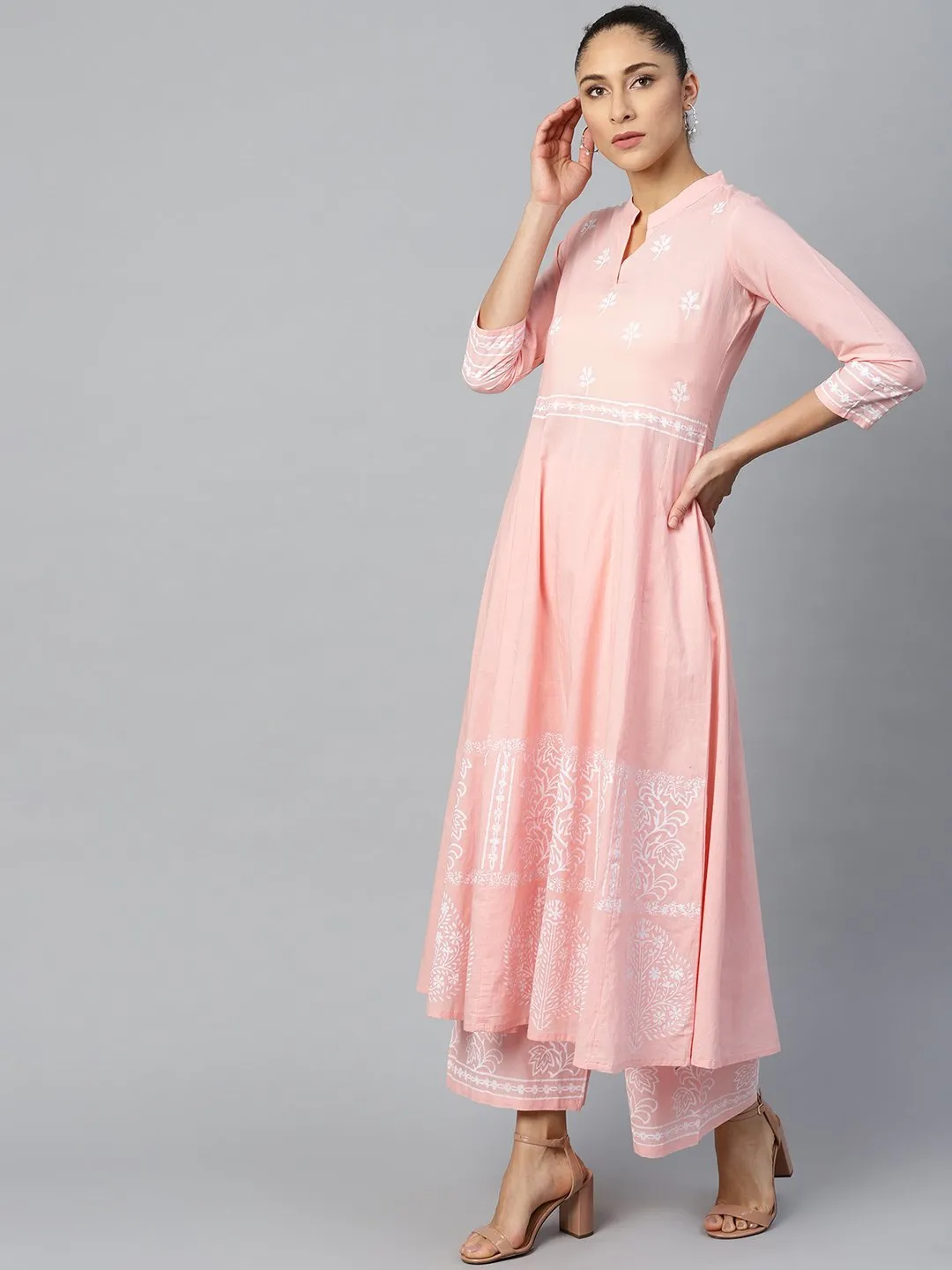 Women Pink Three-Quarter Sleeves Flared Kurta With Palazzo Set