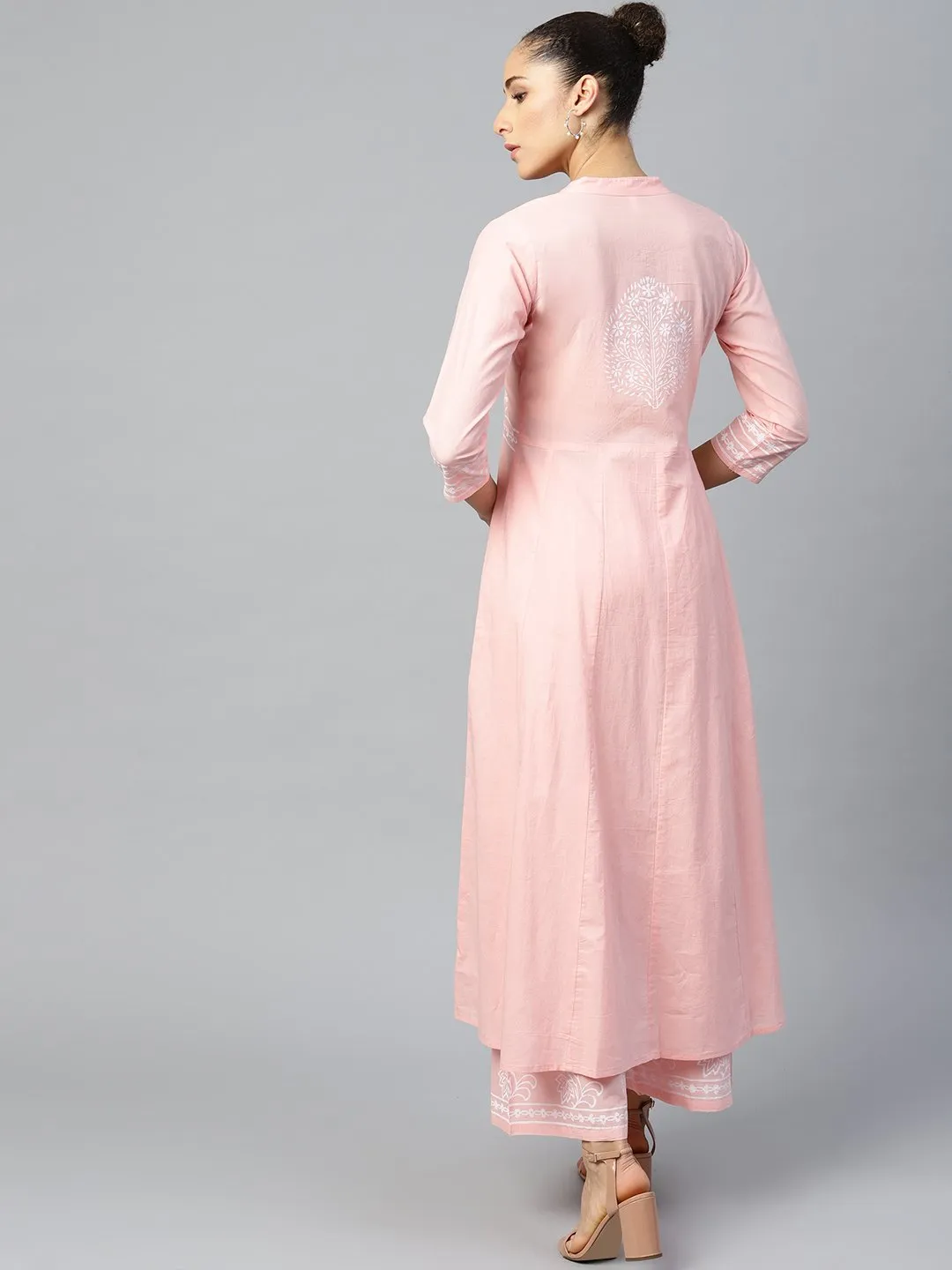 Women Pink Three-Quarter Sleeves Flared Kurta With Palazzo Set