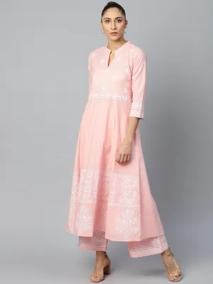 Women Pink Three-Quarter Sleeves Flared Kurta With Palazzo Set