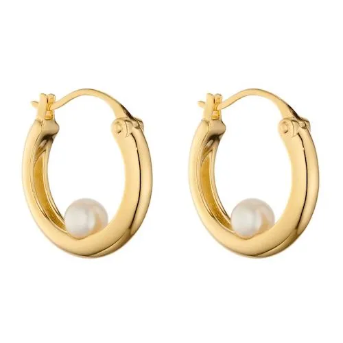 Yellow Gold Plated Encased Freshwater Pearl Pendant & Hoop Earrings