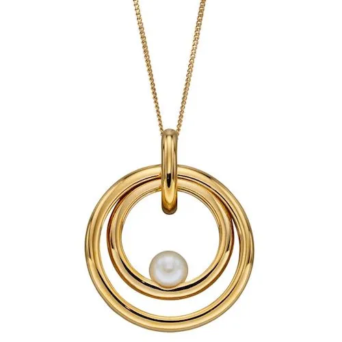 Yellow Gold Plated Encased Freshwater Pearl Pendant & Hoop Earrings